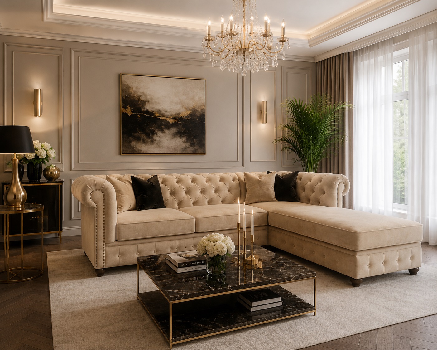 aranzacja salonu z narożnikiem chesterfield lady w kolorze beżowy, wnętrze salonu jest eleganckie bardzo luksusowe